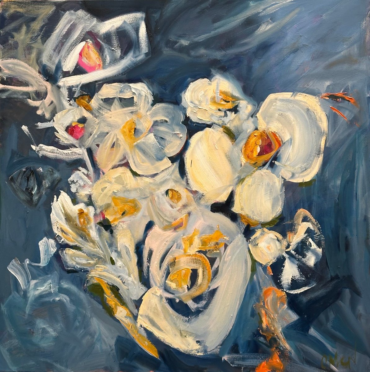 Abstract Botanical Oil Painting By Olga Mcnamara Biennaleartist, 39 X 39", Dancing In The Dark, Original Artwork