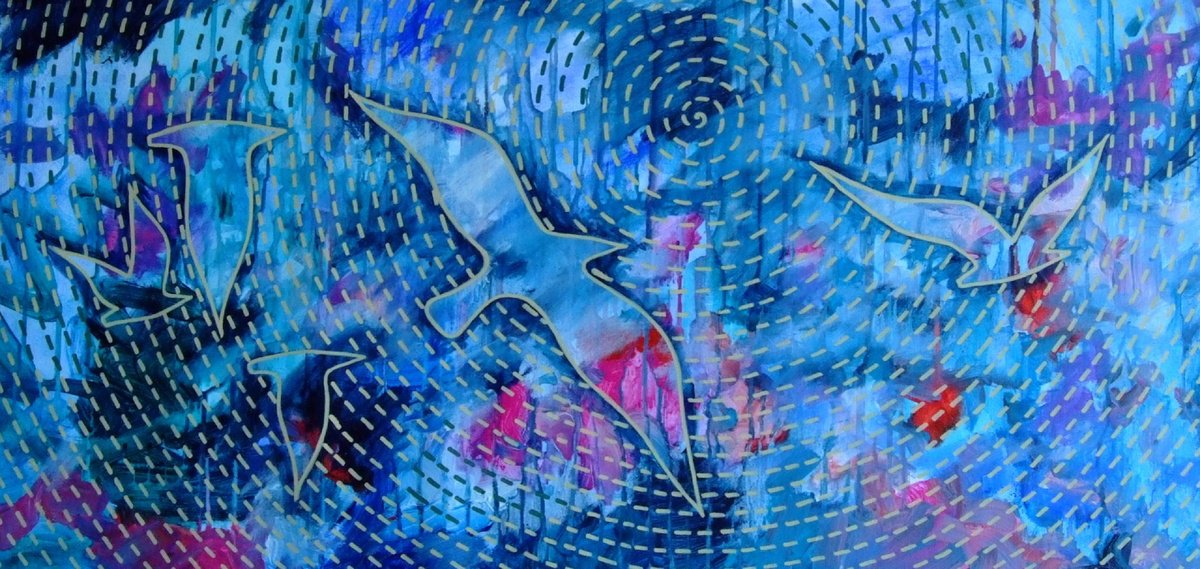 Abstract Animal Acrylic Painting By Marina Krylova, 35 X 16", Blue Birds #06, Original Artwork