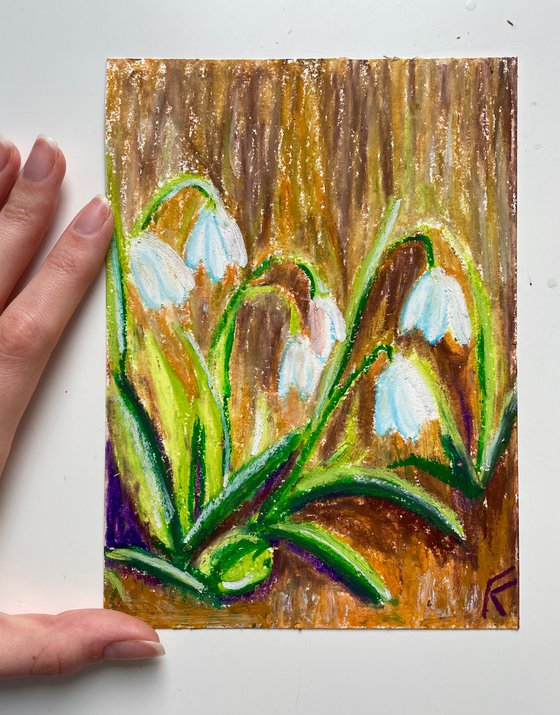 Snowdrops Original Oil Pastel Painting, Flower Hand Painted Card, Gifts for Her