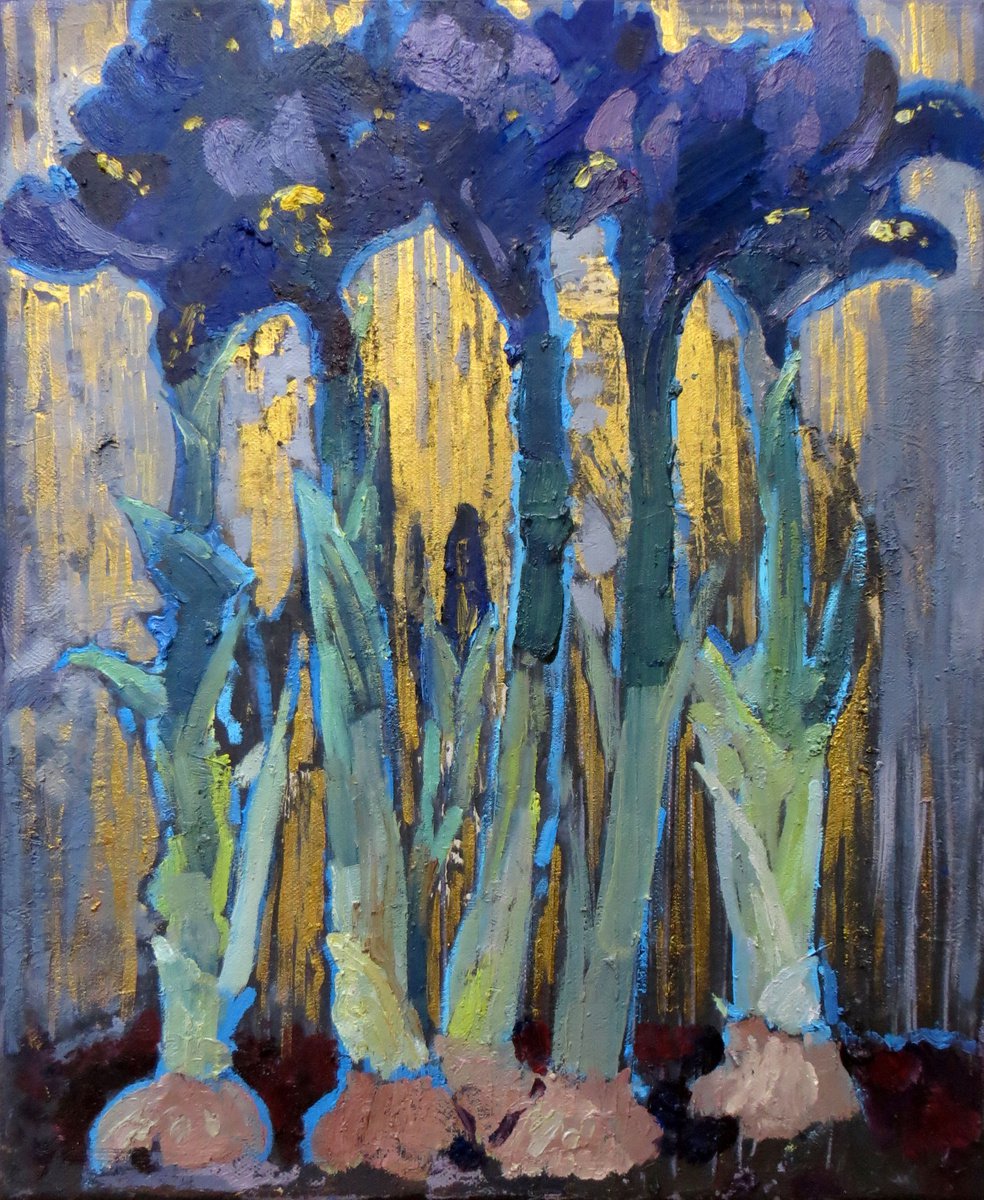 Irises on gold Painting by Maria Barkovskaya