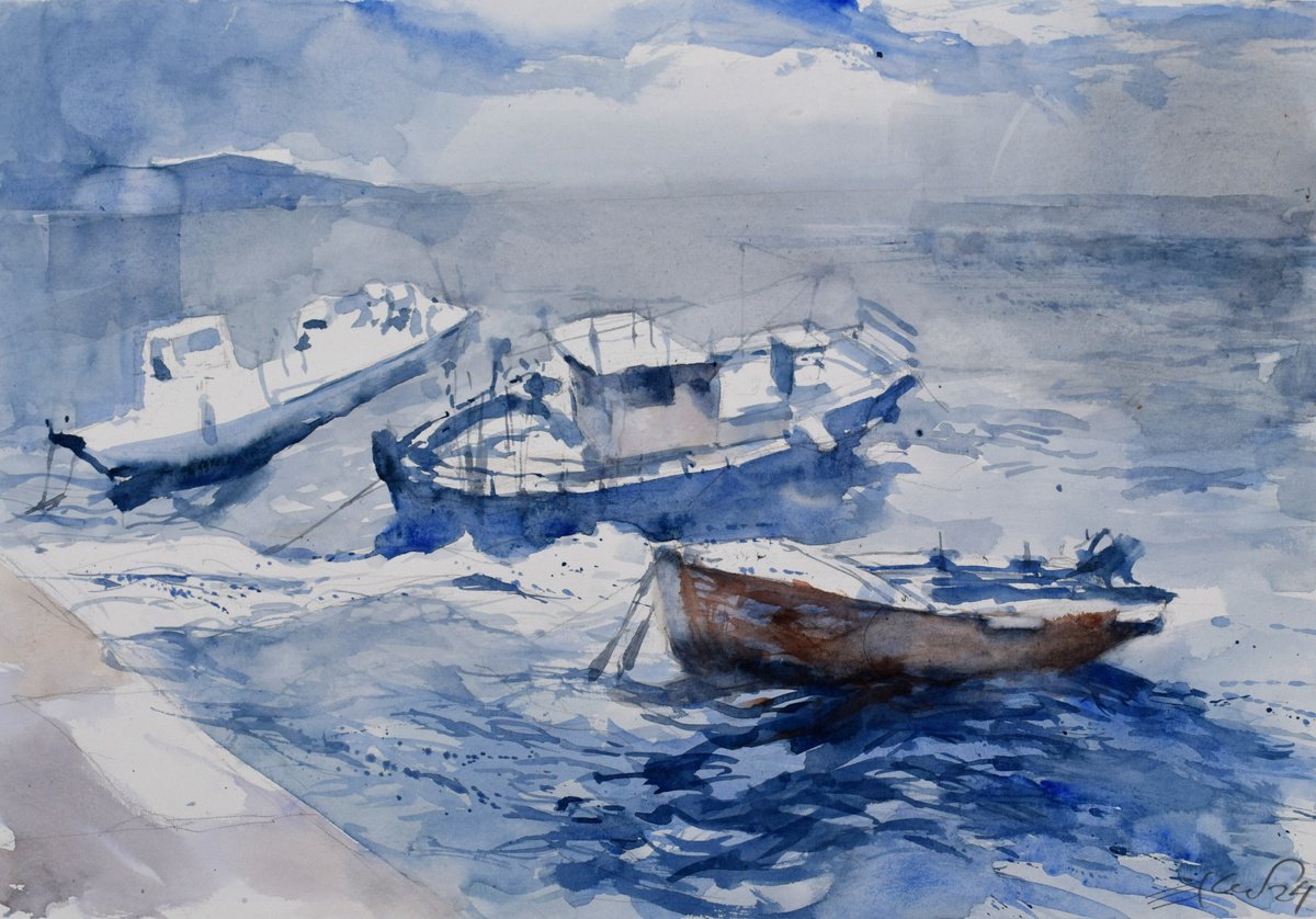 Boats in rough sea by Goran Zigolic Watercolors