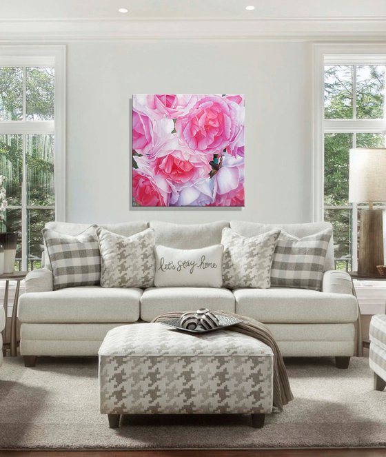 "Pink roses", floral realistic painting