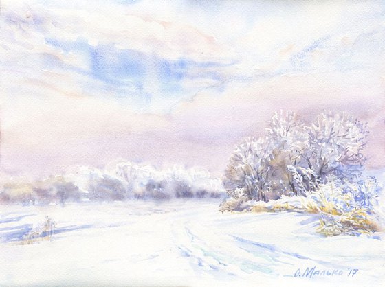 Winter morning / ORIGINAL watercolor 14x11in (38x28cm)