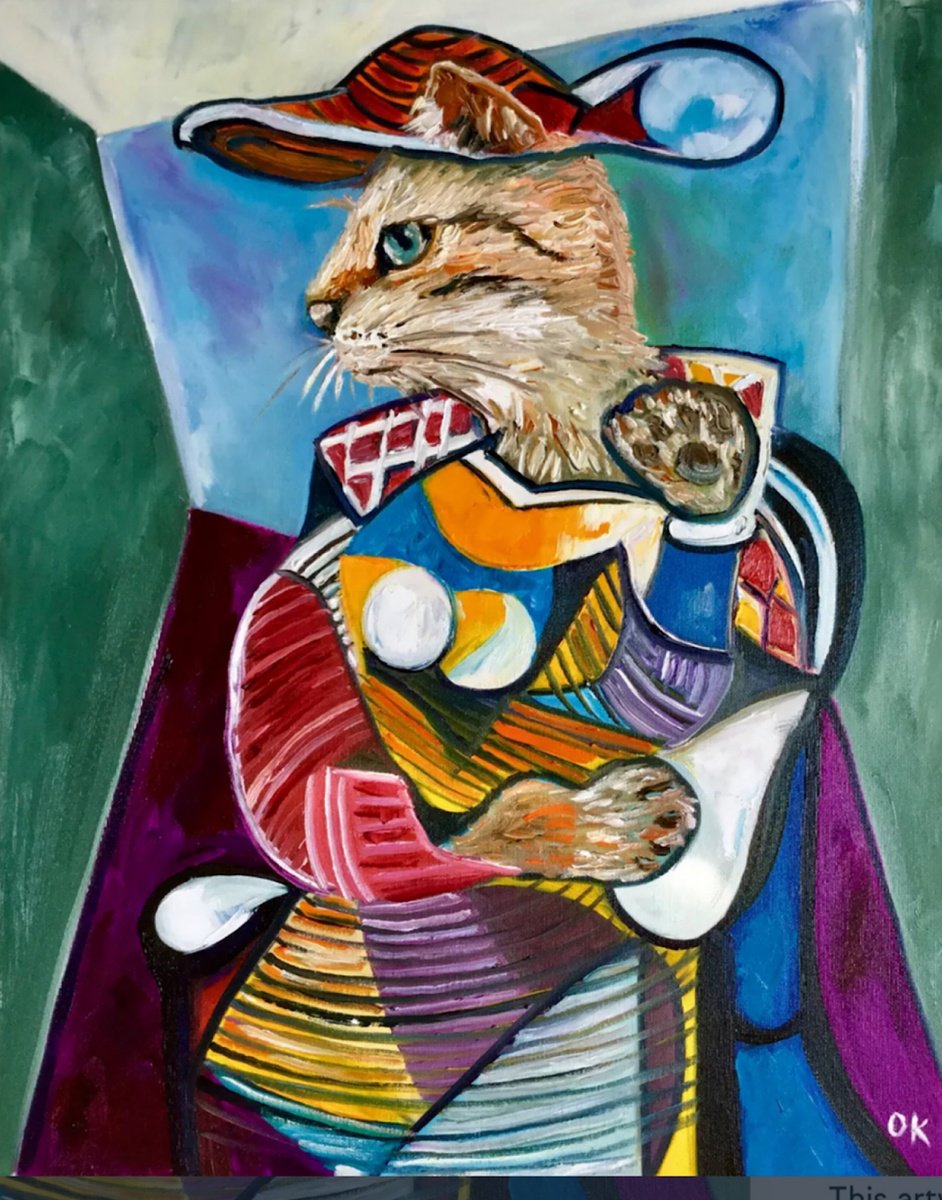 Expressive Animal Oil Painting By Olga Koval, 20 X 24", Cat Version Of Picasso Art, Original Artwork