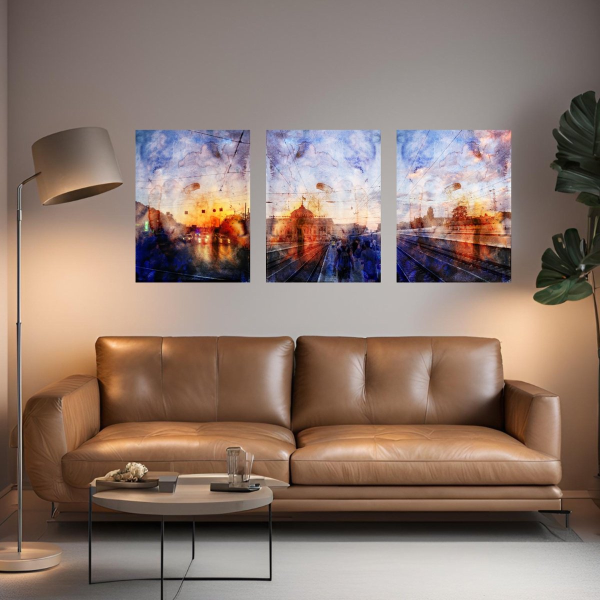 Expressive Cityscapes C-Type Print By Yuliia Sharapova, 12 X 16", Photocollage Night Triptych, Original Artwork