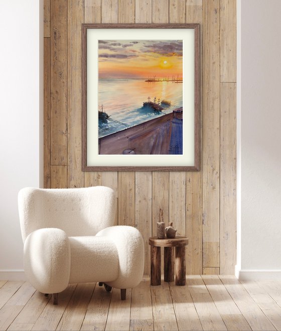 Serene Sunset over a Seaside Town