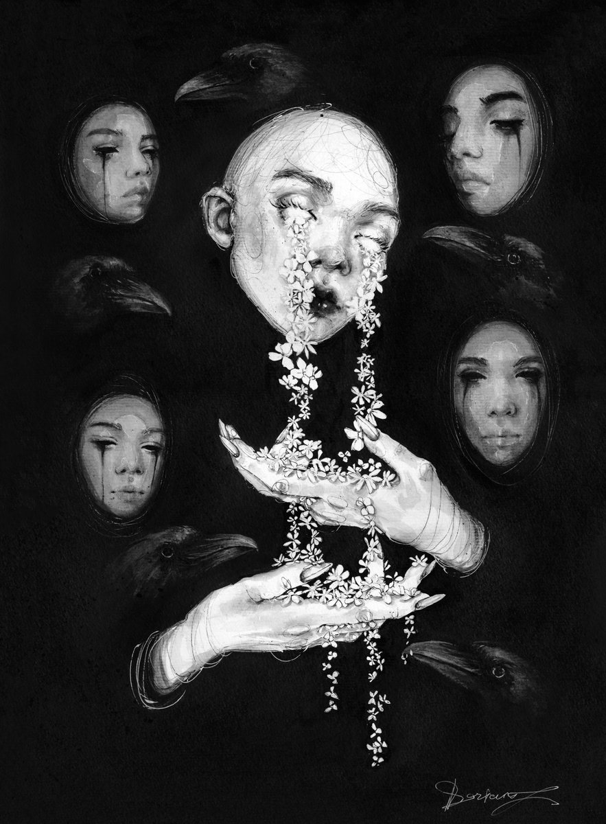 Expressive Portrait Ink Drawing By Doriana Popa, 12 X 16, Darkness-Old Friend, Original Artwork