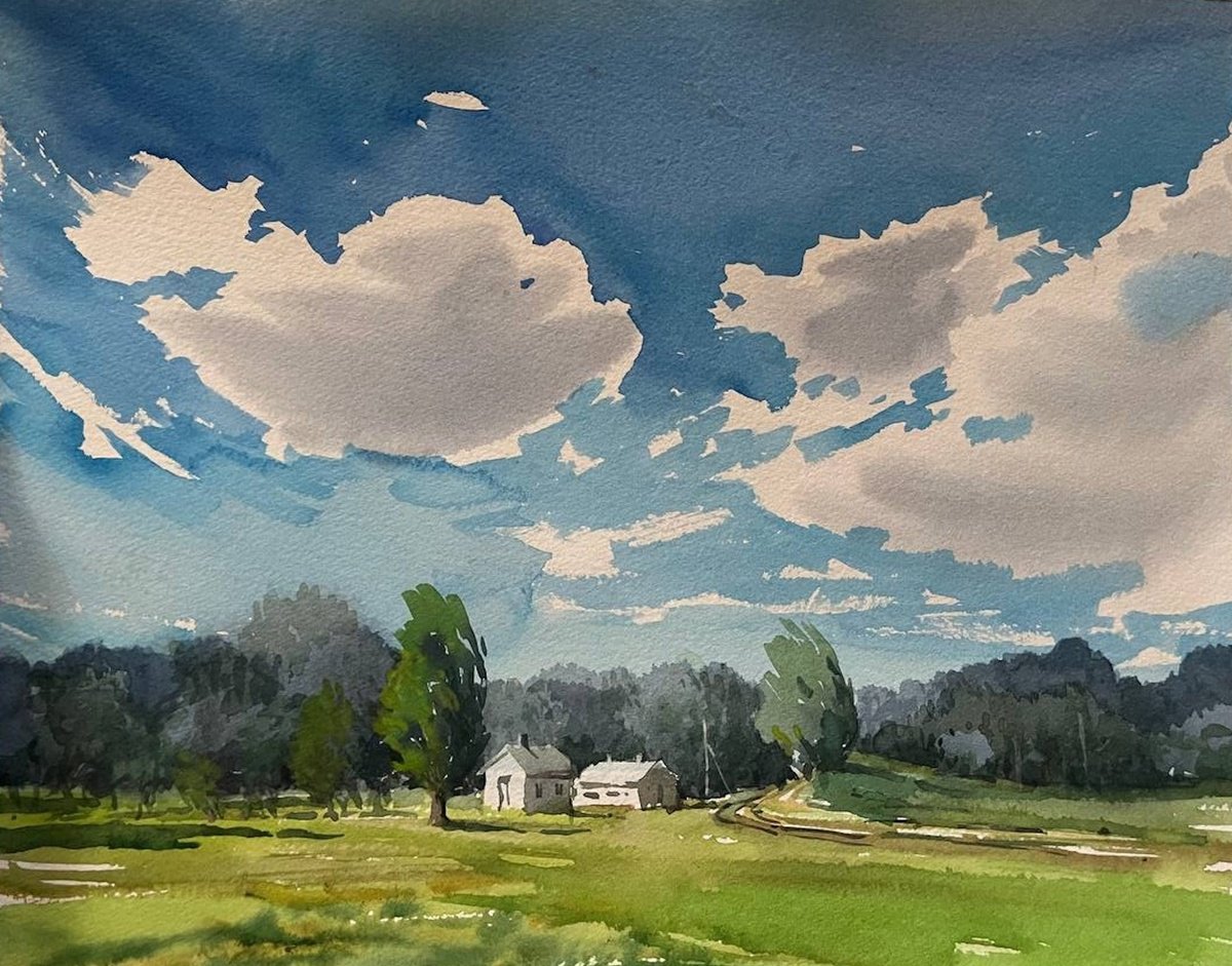 Expressive Landscape Watercolour By Samira Yanushkova, 11 X 9", Landscape «Green Meadow», Original Artwork