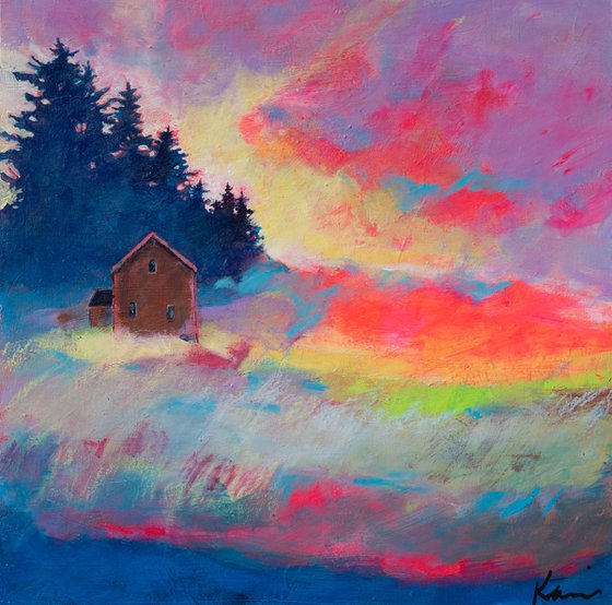 Tucked Away 10x10" Colorful Abstract Country Landscape Painting