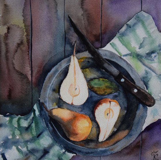 Watercolor painting Still life with pears and knife on a plate