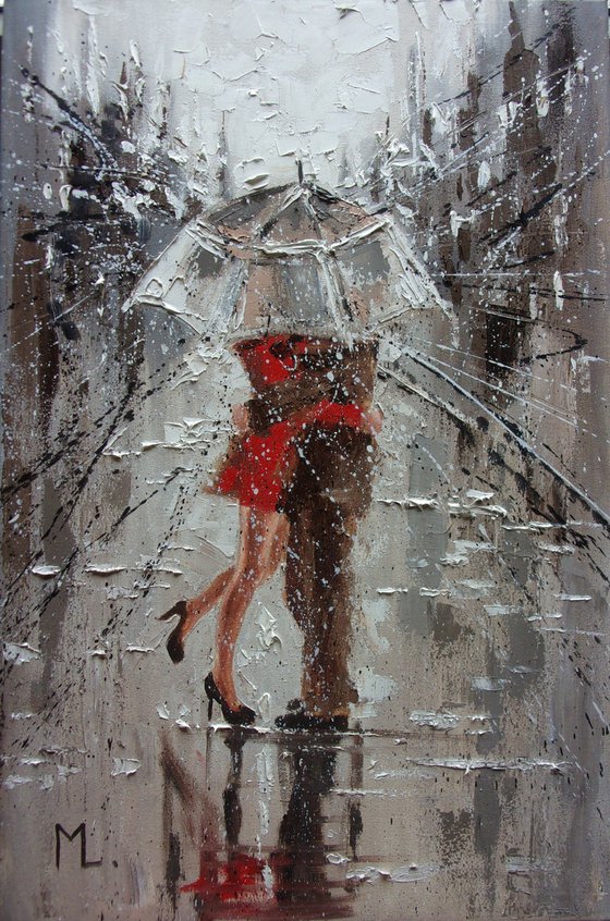 " DATE... " for Liz,  RAIN street spring summer original painting CITY palette knife GIFT