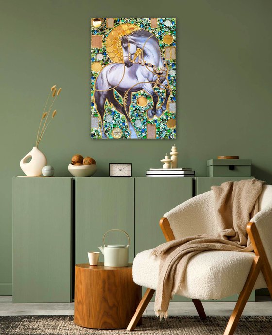 Pearl silver horse. Sun in the forest