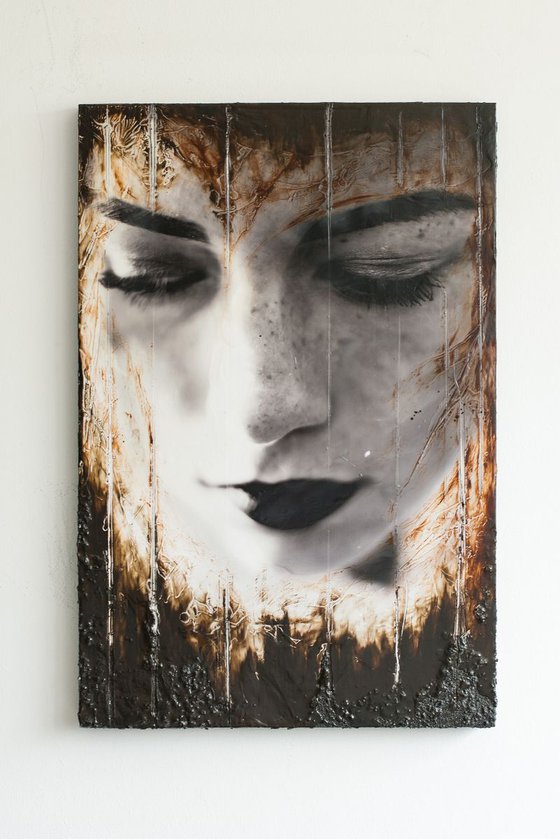 "Lonely world" (60x40x3cm) - Unique portrait artwork on wood (abstract, portrait, gouache, original, painting, coffee, acrylic, oil, watercolor, encaustics, beeswax, resin, wood, fingerpaint)