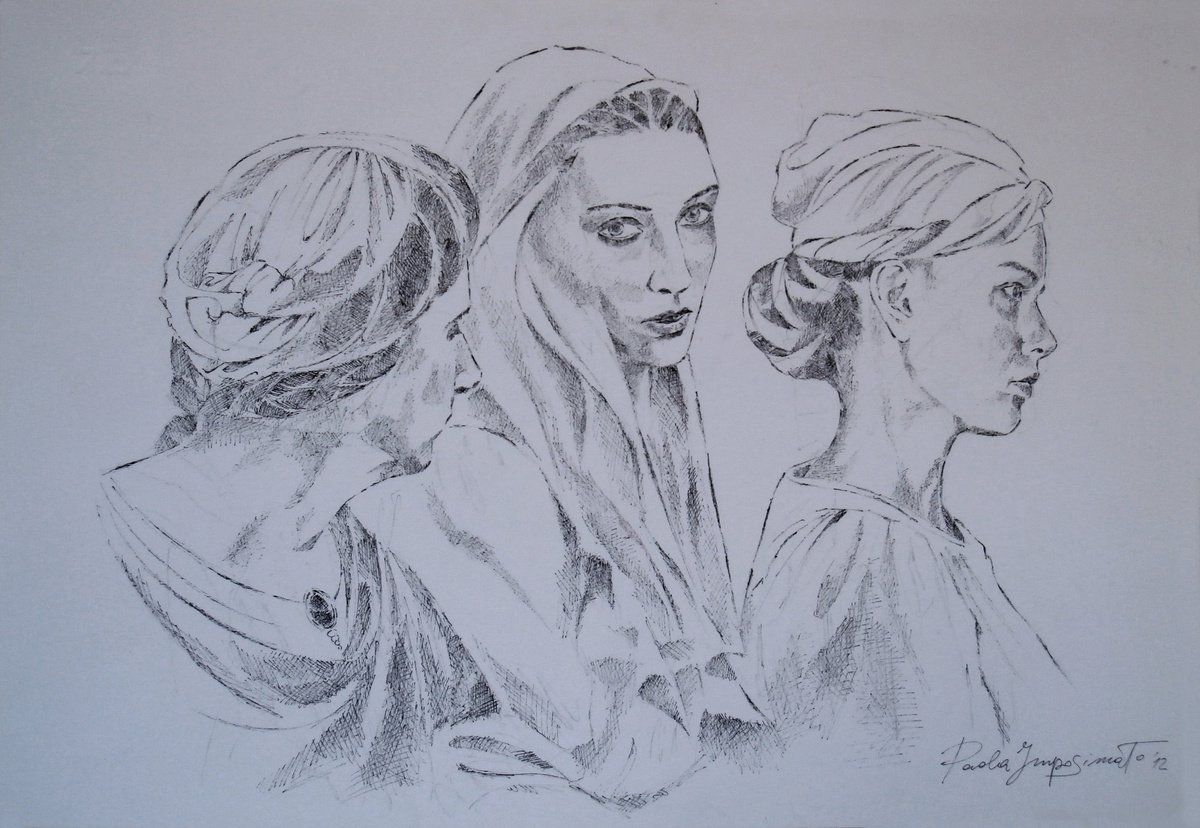 Expressive Portrait Ink Drawing By Paola Imposimato, 19 X 13", Women Over Time, Original Artwork