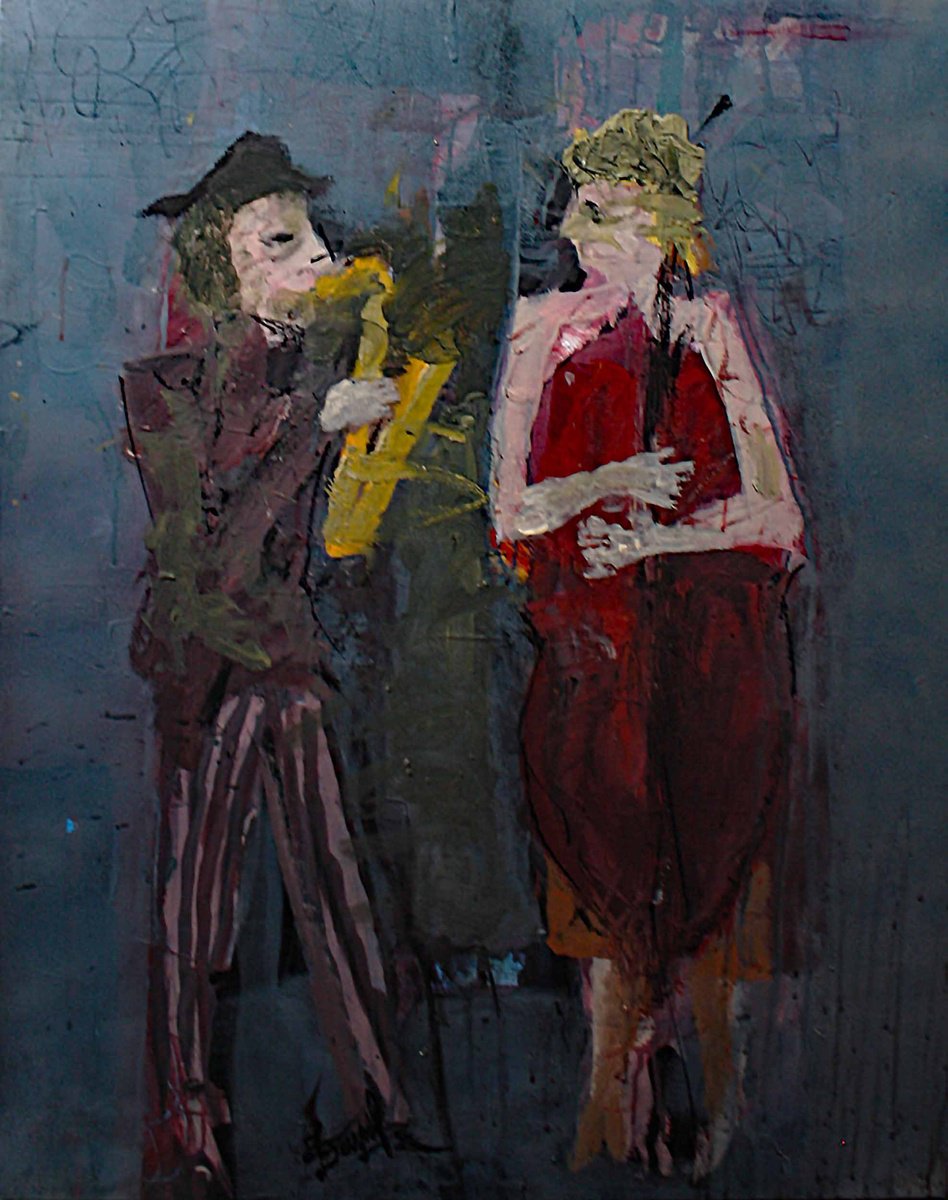 Expressive Portrait Acrylic Painting By Jacques Donneaud, 29 X 36, Jazz Dans La Rue, Original Artwork