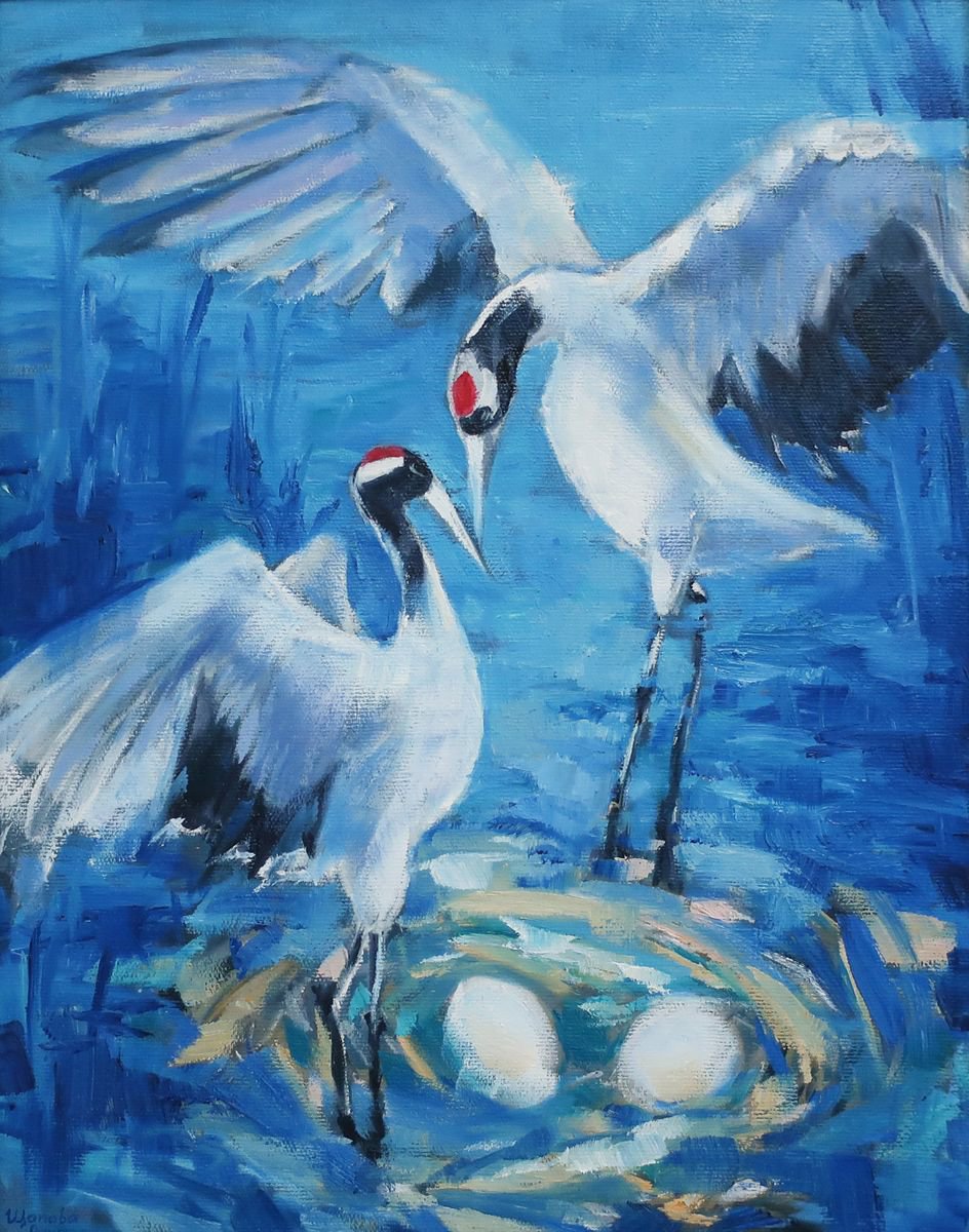 Cranes. Happy couple. Birds. by Anna Shchapova