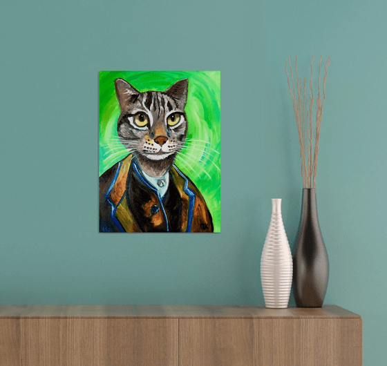 Cat Vincent Van Gogh inspired by his self-portrait on green background