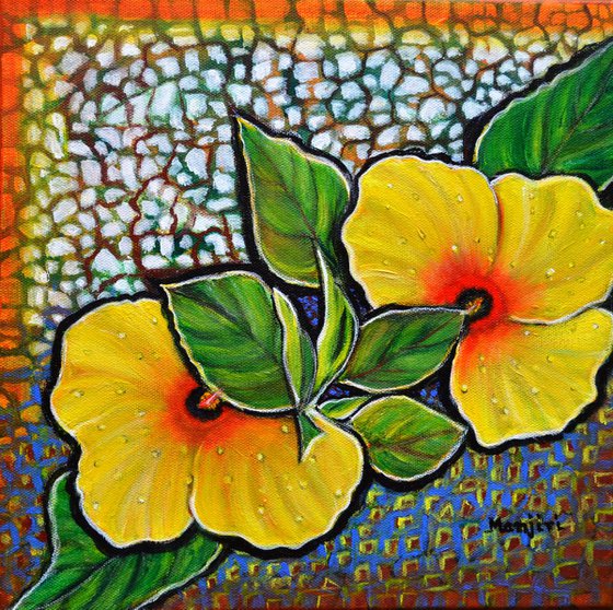 Yellow Hibiscus a decorative painting with mosaic style on sale