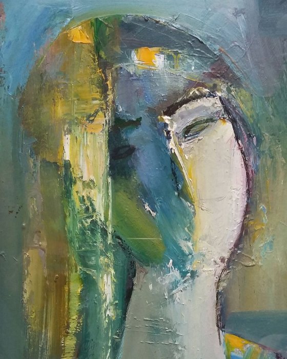 Portrait, oil painting on paper, 28x39cm, abstract portrait