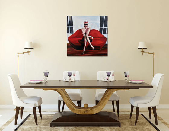 LIPS SOFA - oil painting on canvas, red lips, woman, gaze, sex, erotics, body shapes, white, red, sunglasses, office art, wall art