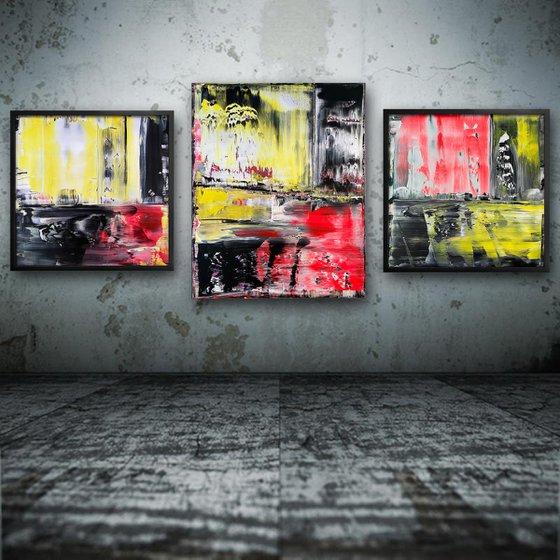 "The Reckoning" - Save As A Series - Original PMS Large Abstract Triptych Acrylic Paintings On Plexiglass and Gallery Wrap Canvas, Framed - 80" x 35"