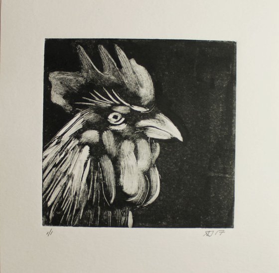 Cockerel Monoprint, Birds Monotype Print