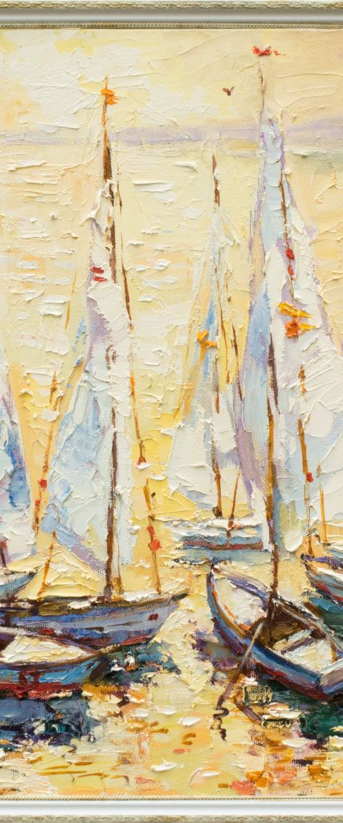 Boats at sunset painting Seascape art original oil painting by Anastasiia Valiulina