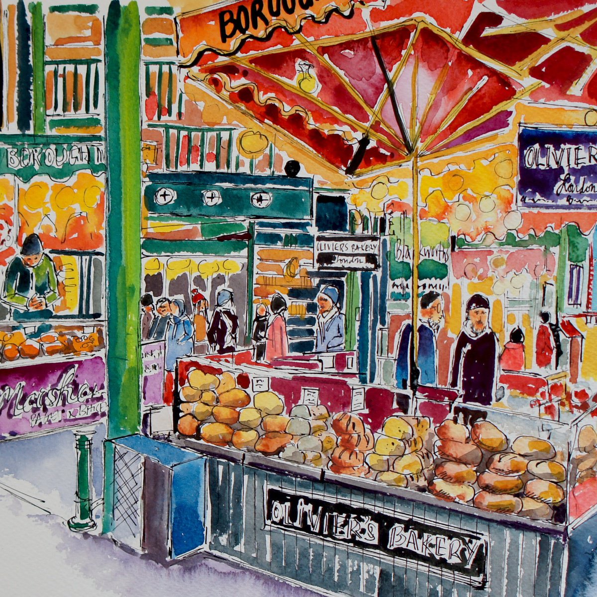 Illustrative Watercolour , Borough Market By Julia Rigby, 20 X 20, Artwork For Sale On Artfinder