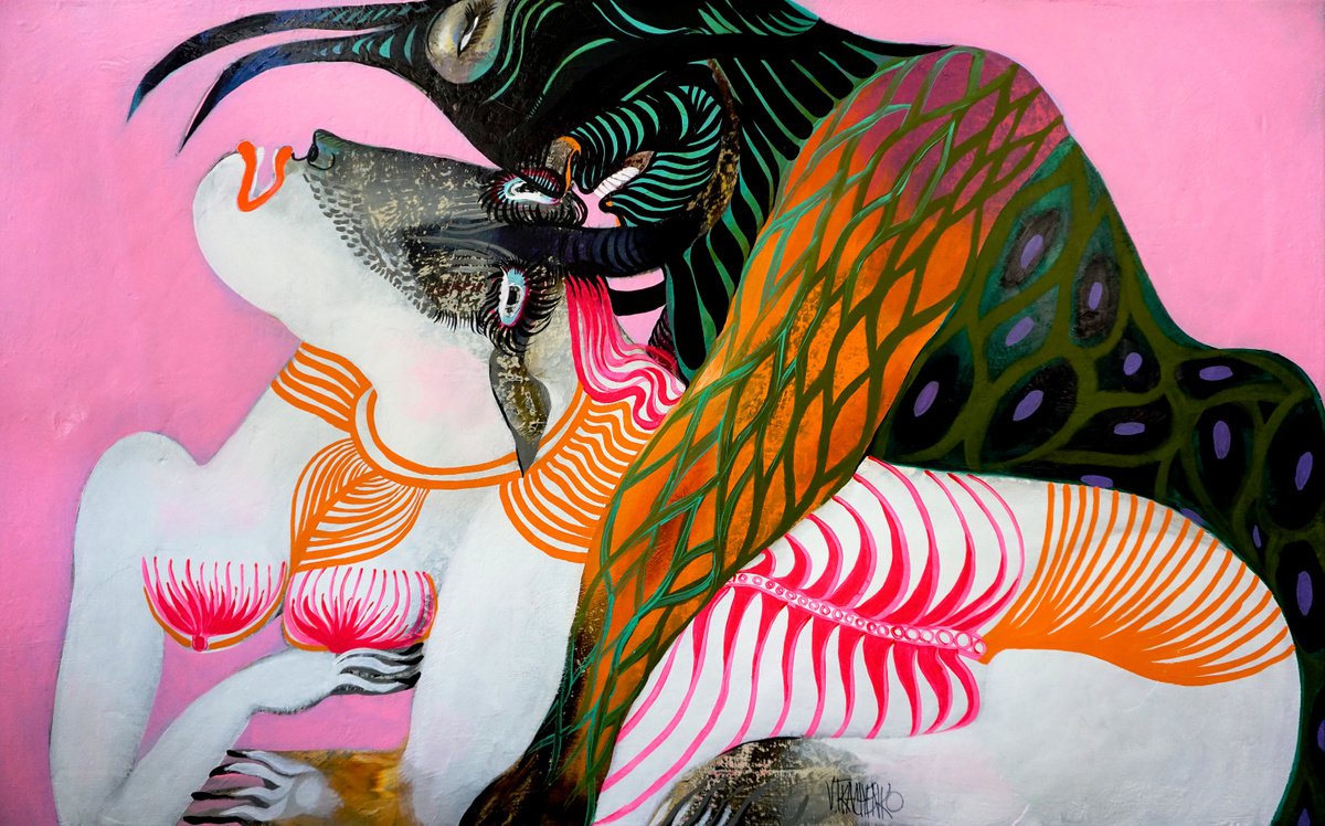 Organic Animal Acrylic Painting By Victor Tkachenko, 48 X 30", Gentle Horns, Original Artwork