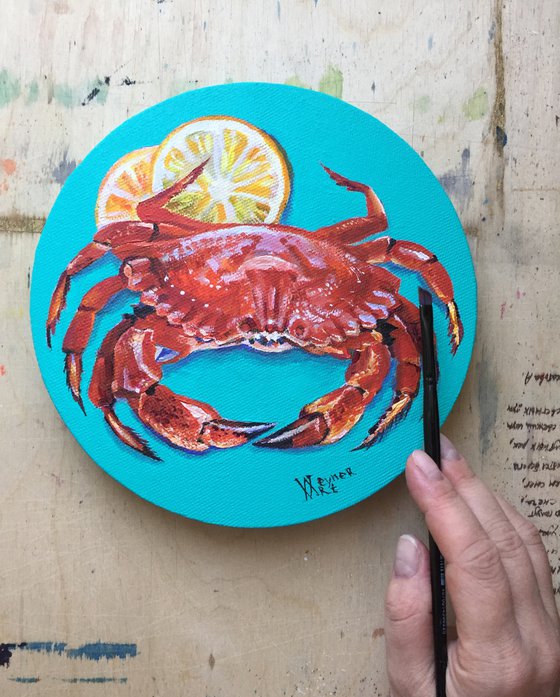 Crab and lemon. Round painting, home decor.