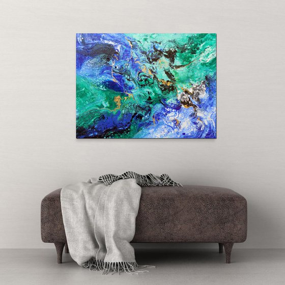 Modern abstract art blue green gold metallic painting, Summer vibes