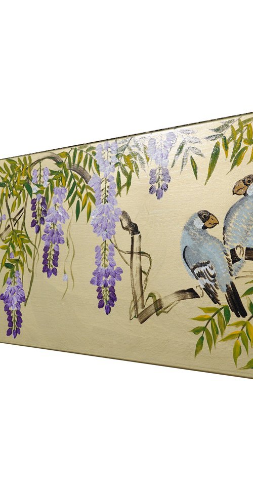 Japanese wisteria and love birds J353 - large gold diiptych, original art, japanese style paintings by artist Ksavera by Ksavera