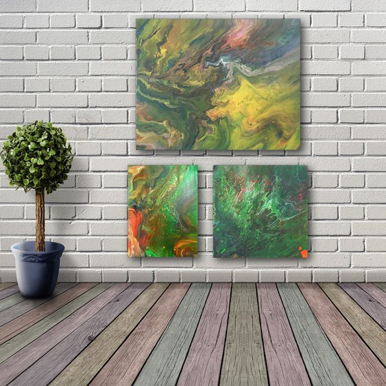 "Jungle Fever" - FREE USA SHIPPING - Original Triptych, Abstract PMS Acrylic Paintings Series - 21" x 28"