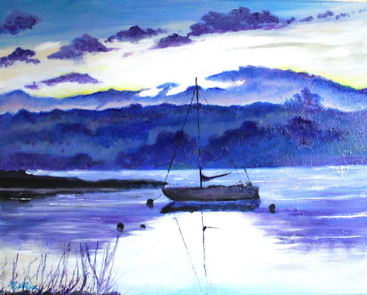 Expressive Landscape Oil Painting By Rod Bere, 20 X 16", Blue Sunset, Original Artwork