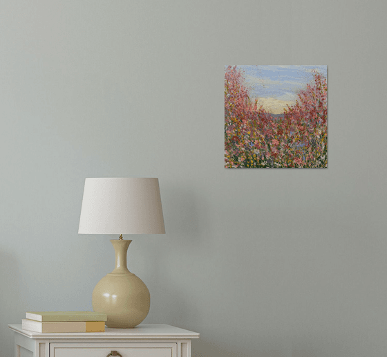"flowers" wall decor square abstract oil painting contemporary romantic art with optimistic and positive energy