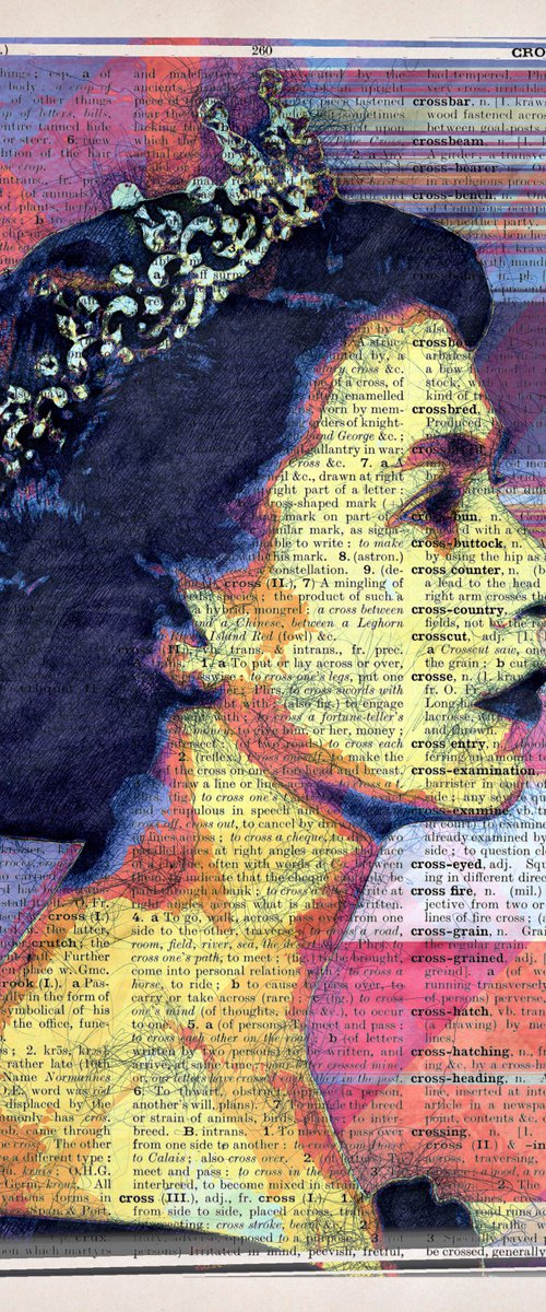 Queen Elizabeth II - Collage Art on Large Real English Dictionary Vintage Book Page by Jakub DK - JAKUB D KRZEWNIAK