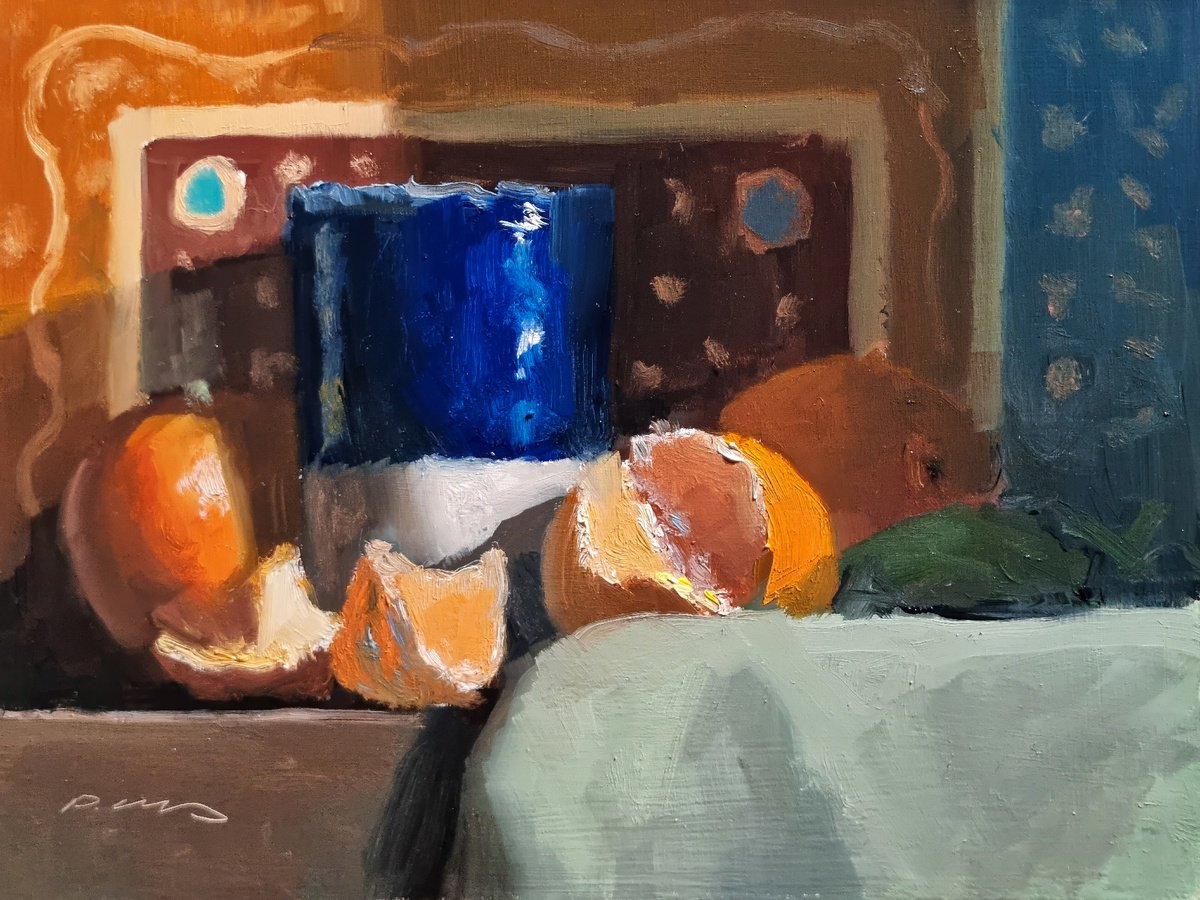 Impressionistic Still Life Oil Painting By Pascal Giroud, 8 X 6", Tangerines And A Blue Cup, Original Artwork