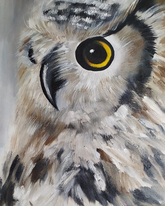 Owl, original bird oil painting, small gift idea, art for home
