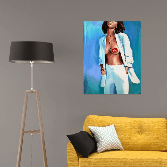 NO MEANS NO - feminist original painting oil on canvas home decor pop art office interior naked woman blue color white suit provocative subject