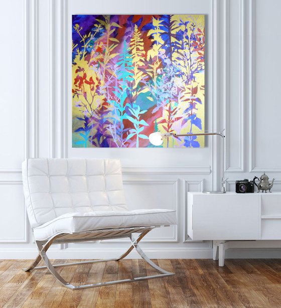 Chinoiserie  ( vibrant semi abstract flower painting with gold - ready to hang)