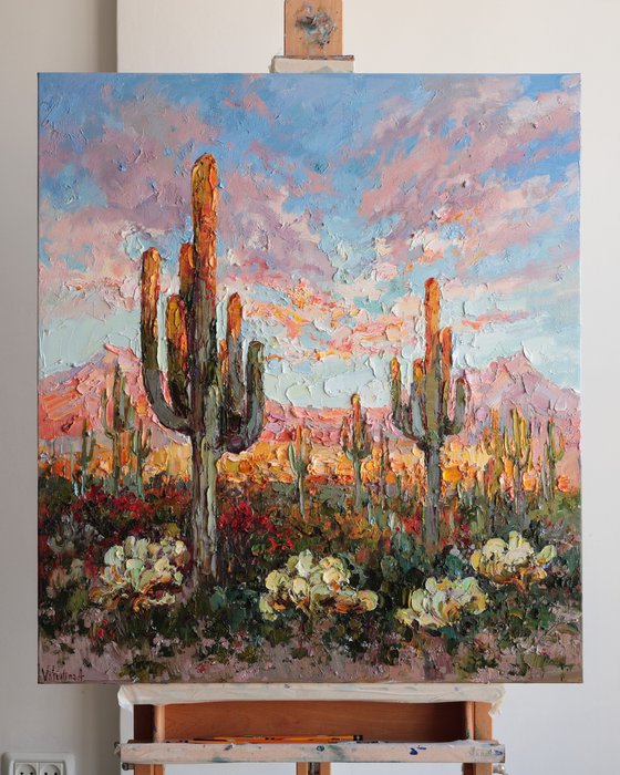 Cacti in the Desert at Sunset