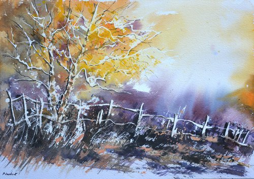 Old fence in autumn    - watercolor by Pol Henry Ledent