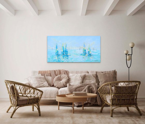 FREEDOM. Sailboats Regatta Modern Seascape Coastal Painting