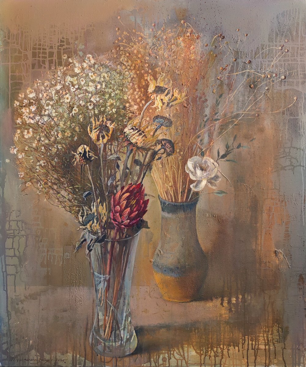 Impressionistic Still Life Acrylic Painting By Pavlo Makedonskyi, 39 X 47", Duet, Original Artwork