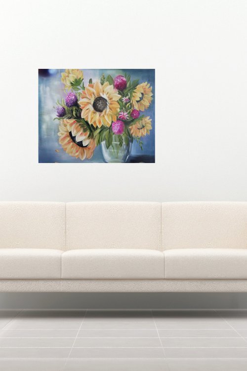 Sunflowers in a vase, original summer flowers, gift idea, bedroom painting by Nataliia Plakhotnyk