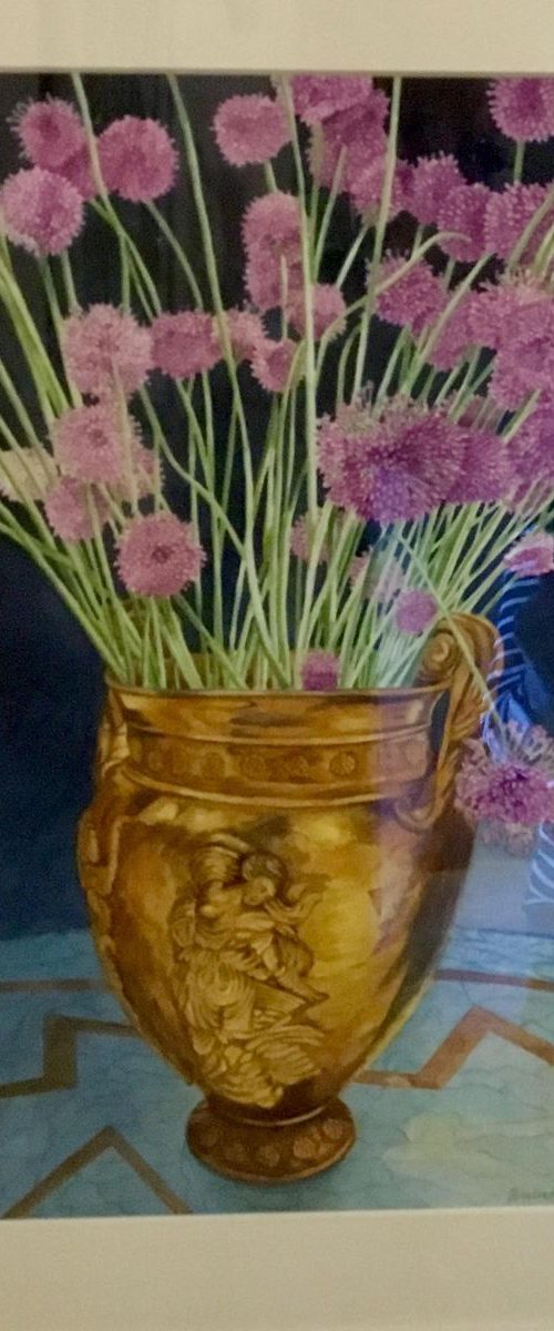 Aliums in a Gold Vase by Rosalind Forster