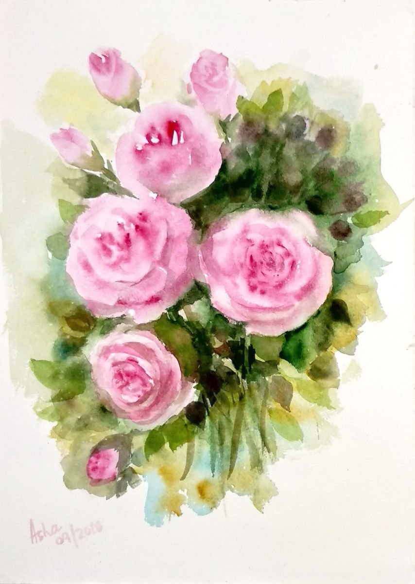 Rose watercolor Painting Pink Flowers Watercolor Floral painting- 10.25x 14 by Asha Shenoy