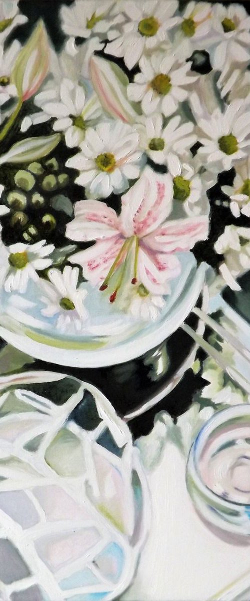 Glass Reflections with Lilies and Daisies by Louisa J  Simpson