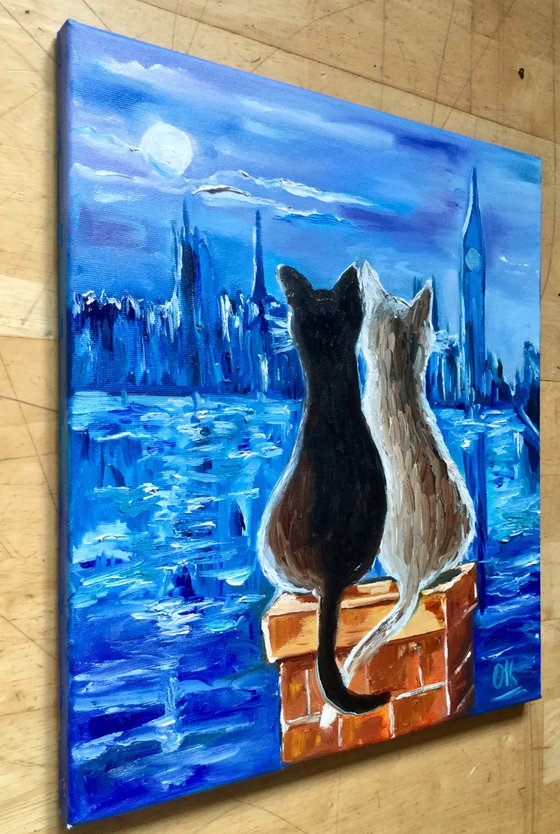 Cats in London. Mystic  night in foggy London, Parliament. Present idea