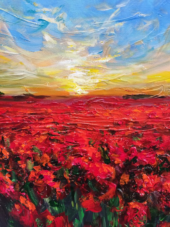 Red  Poppy Field. Original Impasto Acryl Painting With Palette Knife.